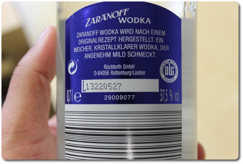 Wodka Zaranoff Rückseite